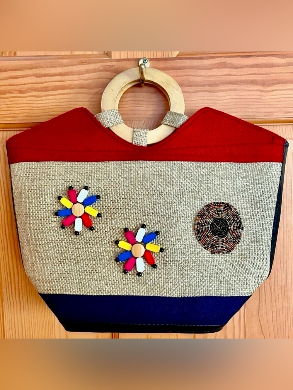 Handmade Kenyan Beaded Jute Tote Bag Wood Handle Ethnic Tribal Maasai Boho Purse